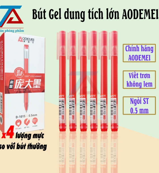 Hộp 12 Bút Gel Mực Đỏ D1015 AODEMEI, Ngòi 0.5mm, Bút Bi Ống Mực To Khô Nhanh - VPP Trường Anh