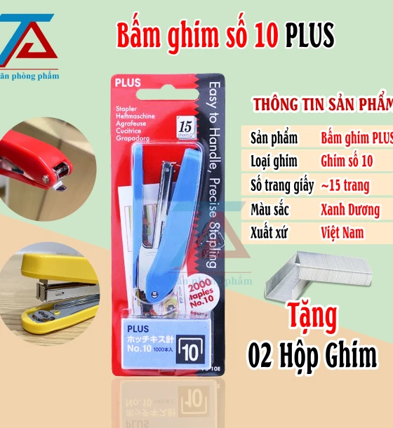 Bấm Ghim Số 10 Màu Xanh PLUS, Dập Ghim PLUS Tặng Kèm 02 Hộp Ghim Bấm Tiện Dụng - VPP Trường Anh