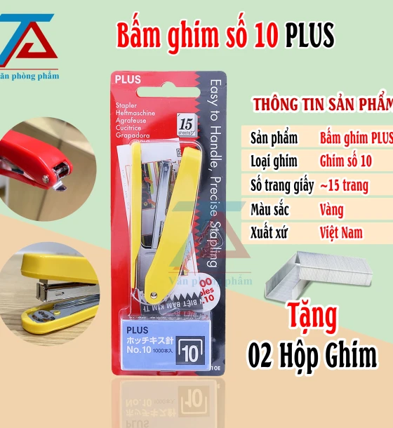 Bấm Ghim Số 10 Màu Vàng PLUS, Dập Ghim PLUS Tặng Kèm 02 Hộp Ghim Bấm Tiện Dụng - VPP Trường Anh