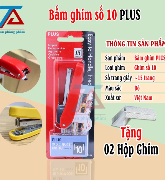 Bấm Ghim Số 10 PLUS Màu ĐỎ, Dập Ghim PLUS Tặng Kèm 02 Hộp Ghim Bấm Tiện Dụng - VPP Trường Anh