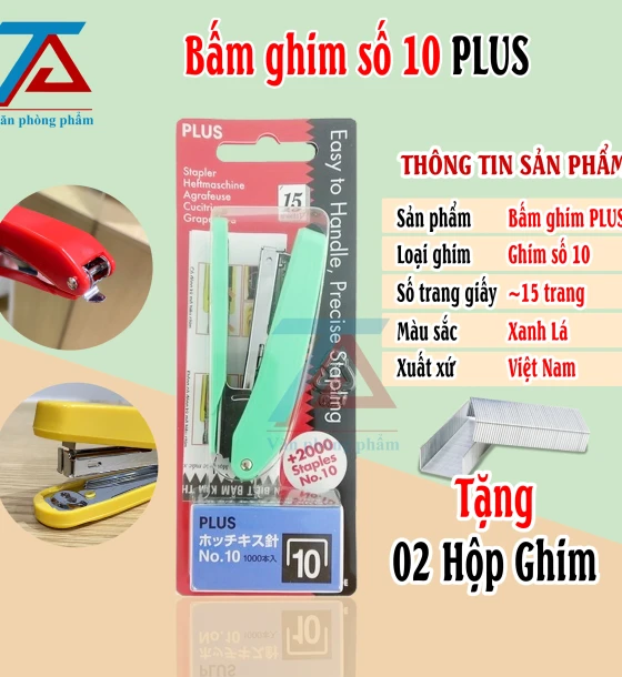 Bấm Ghim Số 10 PLUS Màu XANH LÁ , Dập Ghim PLUS Tặng Kèm 02 Hộp Ghim Bấm Tiện Dụng - VPP Trường Anh