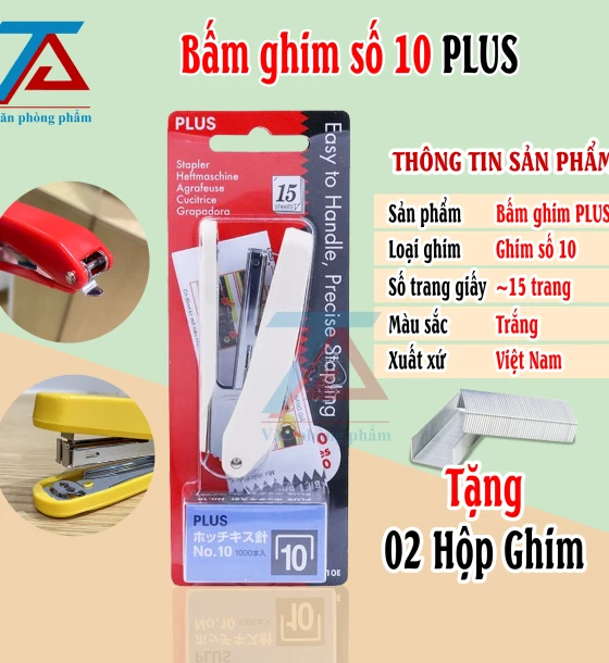 Bấm Ghim Số 10 PLUS Màu TRẮNG , Dập Ghim PLUS Tặng Kèm 02 Hộp Ghim Bấm Tiện Dụng - VPP Trường Anh