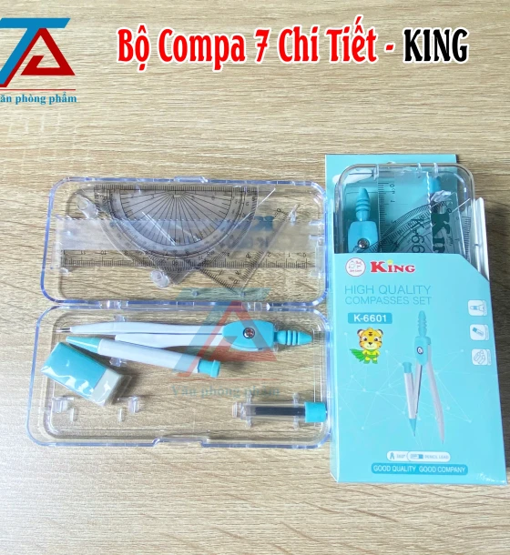 Bộ Compa 7 Chi Tiết Màu Xanh Dương KING 6601,Bộ Dụng Cụ Học Tập, Nhỏ Gọn, Có Hộp Đựng - VPP Trường Anh
