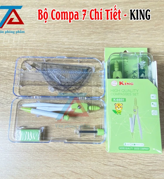 Bộ Compa 7 Chi Tiết Màu Xanh Lá KING 6601,Bộ Dụng Cụ Học Tập, Nhỏ Gọn, Có Hộp Đựng - VPP Trường Anh