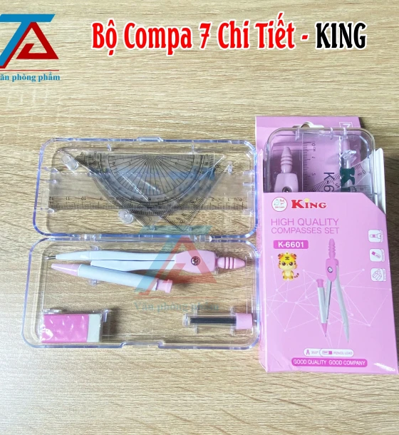 Bộ Compa 7 Chi Tiết Màu Hồng KING 6601,Bộ Dụng Cụ Học Tập, Nhỏ Gọn, Có Hộp Đựng - VPP Trường Anh