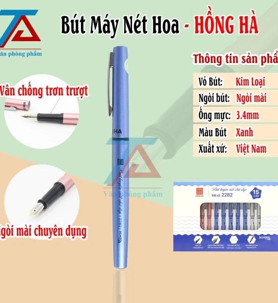 Bút Máy Nét Hoa Hồng Hà 2282 - Xanh, Bút Mực Nét Thanh Đậm Luyện Chữ Đẹp Dành Cho Học Sinh - VPP Trường Anh
