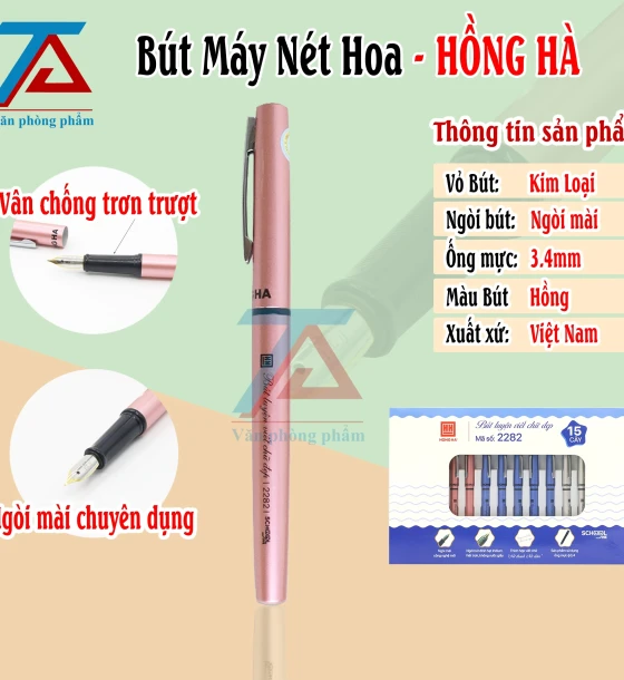 Bút Máy Nét Hoa Hồng Hà 2282 - Hồng, Bút Mực Nét Thanh Đậm Luyện Chữ Đẹp Dành Cho Học Sinh - VPP Trường Anh
