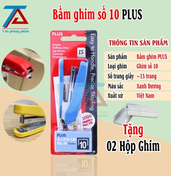 Bấm Ghim Số 10 Màu Xanh PLUS, Dập Ghim PLUS Tặng Kèm 02 Hộp Ghim Bấm Tiện Dụng - VPP Trường Anh