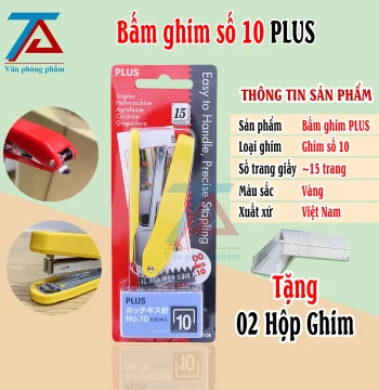 Bấm Ghim Số 10 Màu Vàng PLUS, Dập Ghim PLUS Tặng Kèm 02 Hộp Ghim Bấm Tiện Dụng - VPP Trường Anh