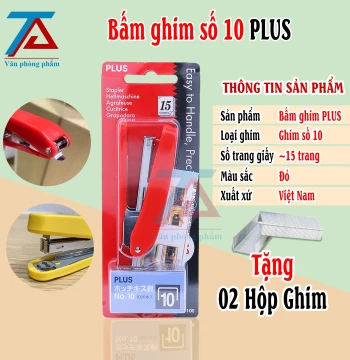 Bấm Ghim Số 10 PLUS Màu ĐỎ, Dập Ghim PLUS Tặng Kèm 02 Hộp Ghim Bấm Tiện Dụng - VPP Trường Anh