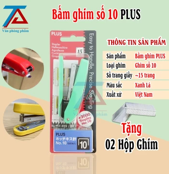 Bấm Ghim Số 10 PLUS Màu XANH LÁ , Dập Ghim PLUS Tặng Kèm 02 Hộp Ghim Bấm Tiện Dụng - VPP Trường Anh