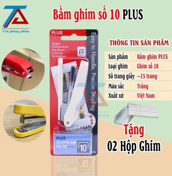 Bấm Ghim Số 10 PLUS Màu TRẮNG , Dập Ghim PLUS Tặng Kèm 02 Hộp Ghim Bấm Tiện Dụng - VPP Trường Anh