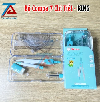 Bộ Compa 7 Chi Tiết Màu Xanh Dương KING 6601,Bộ Dụng Cụ Học Tập, Nhỏ Gọn, Có Hộp Đựng - VPP Trường Anh